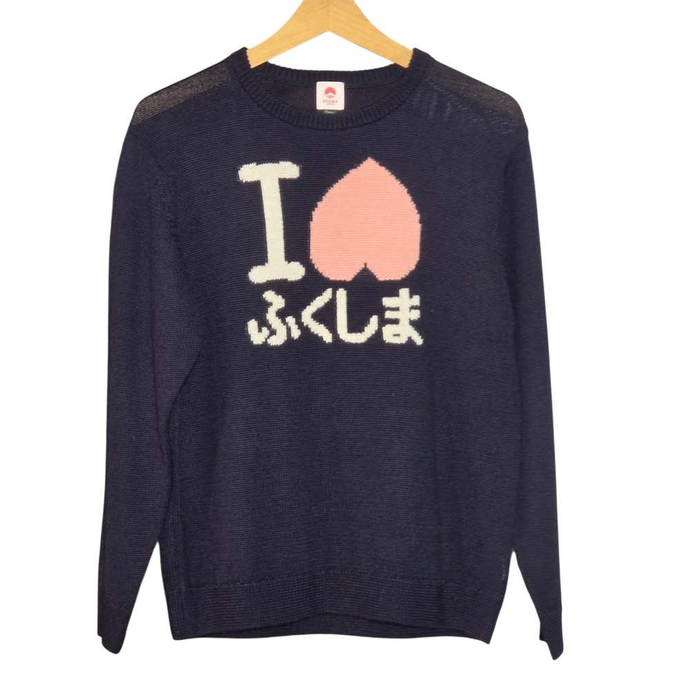 Beams Japan Womens Small Sweater Navy I Love Fukushima Peach Wool Blend Knit